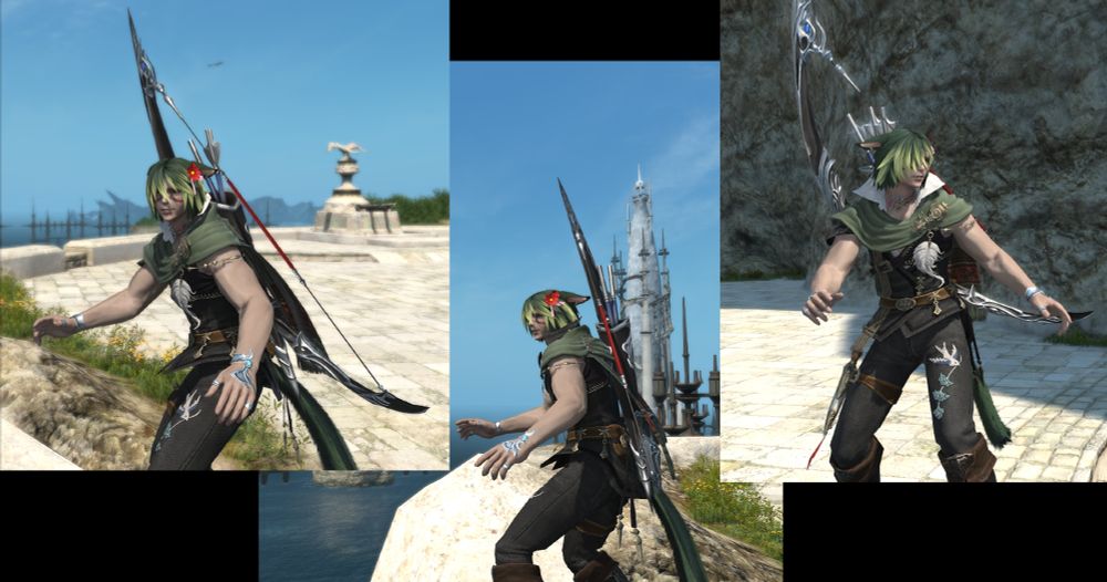 A small collage of a miqo'te man (Seoc'a) with shaggy two-toned green hair looking around panicked. He is wearing a black vest with a green scarf, dark leather breeches with a dove embroidered on one leg, and heavy knee-high boots. He has an ornate longbow strapped to his.