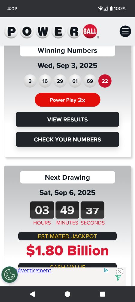 The actual lottery page showing the next drawing isn't for another 3 hours and 49 minutes. Also shows the winning numbers from the last drawing which do not match what Google listed either