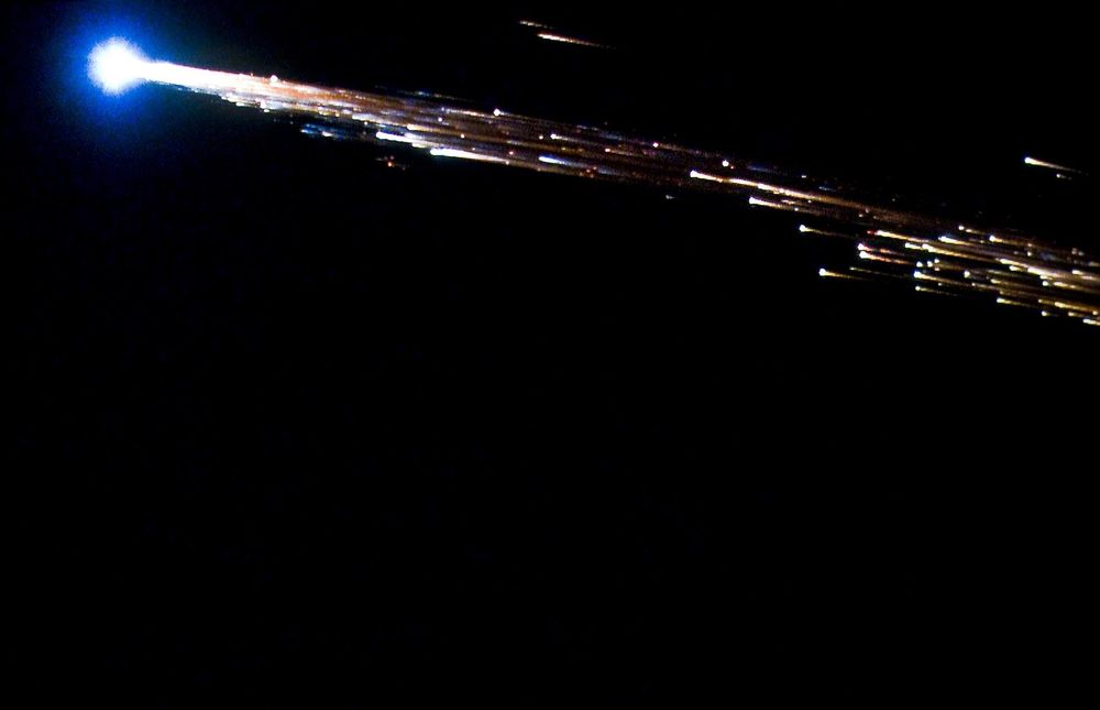 After completing its mission to re-supply the International Space Station, the European Space Agency's Jules Verne Automated Transfer Vehicle (ATV) entered the Earth's atmosphere, where researchers captured images of its fiery end. In the early morning hours of September 29, 2008, the ATV entered the atmosphere above an uninhabited section of the Pacific Ocean, southwest of Tahiti. Researchers captured visible, infrared, ultraviolet and spectroscopic data during the re-entry. NASA's primary goal of the airborne project was to study the spacecraft's re-entry and compare it to meteor fragmentation. The image was taken from high-definition video footage captured during the mission.
