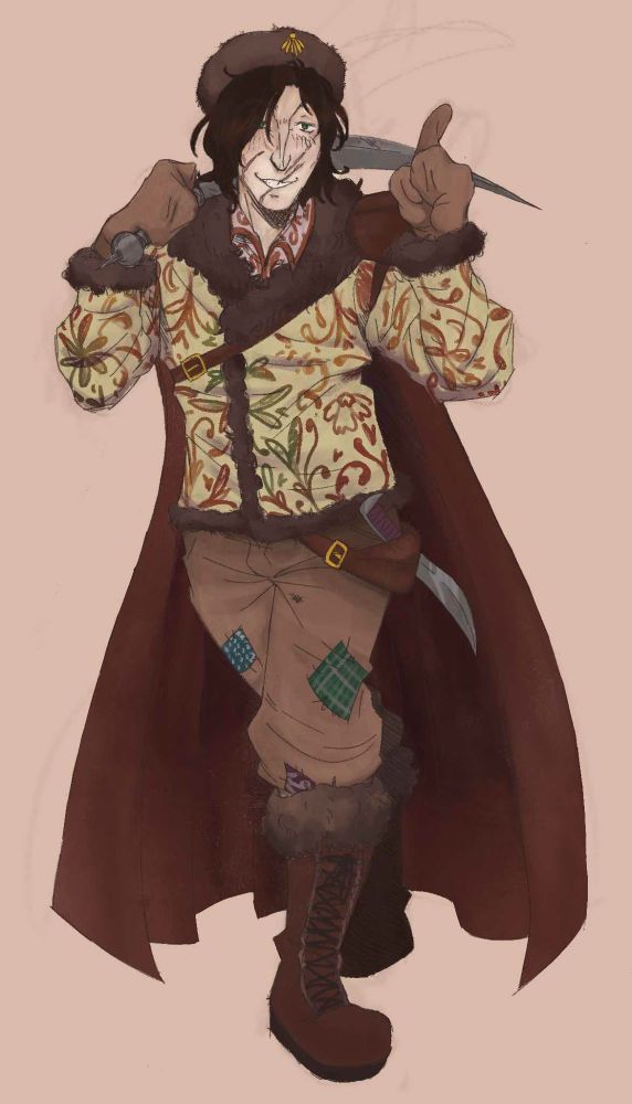 Dungeons and Dragon's character, average height, brown haired man, with a Russian-inspired name and highly patterned thick coat.