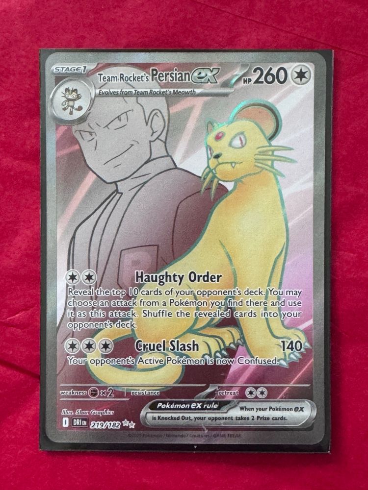 The full art card of Team Rocket’s Persian. Featuring Giovanni in the background and Persian in the foreground. His attacks are Haughty order and Cruel Slash. 
