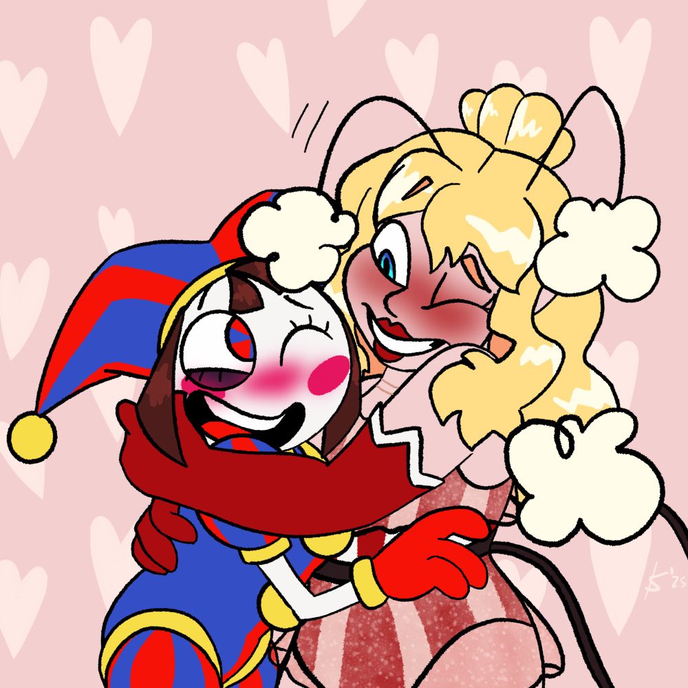 Lucine's self insert TADC oc, Penelope (on the right), blushing and hugging Pomni (on the left). Penelope is tickling Pomni's face with her popcorn antenna, and Pomni is blushing and laughing. 