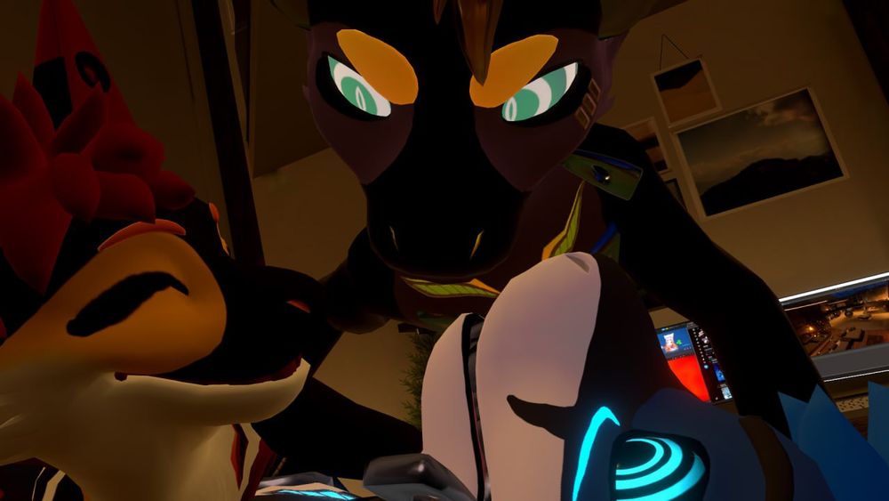 A VR photo of a trio of ampwaves with their faces close together. On the left is Joules, on top is Augment, on the bottom right is Obby

Augment belongs to Augment (@augment.monster)
Obby belongs to Obby308 (https://www.twitch.tv/obby308)