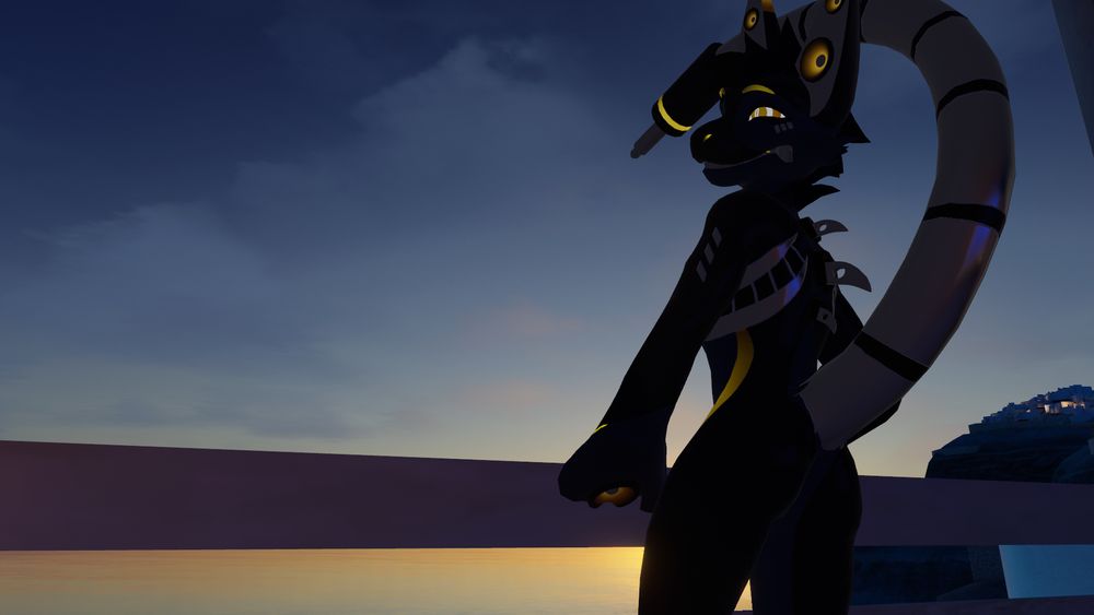 A VR photo of an ampwave leaning on a railing overlooking a sunset. The ampwave is looking over their shoulder and has their tail raised.

Ampwave avatar base is by Jin (@mamasnuppy.bsky.social)
