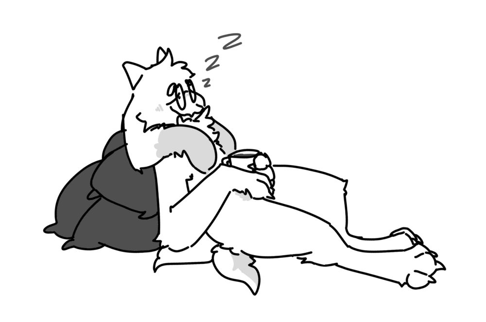 Iain Ingyon the goat-monster is resting against a stack of pillows, having fallen asleep. Their hands are folded into their lap holding a coffee mug.

Art is by TheKoboldKing (@thekoboldking.bsky.social)