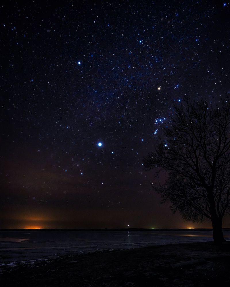 Orion's Belt:
The three prominent stars in a row forming Orion's belt, from left to right, are Alnitak, Alnilam, and Mintaka. 

Sirius:
The dazzling white star below and to the left of Orion's belt, belonging to the constellation Canis Major (the Great Dog). 