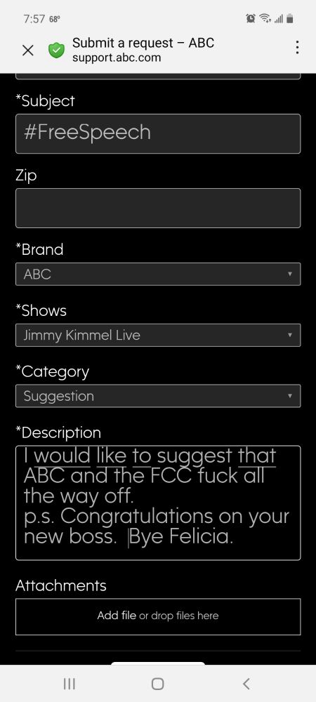 A screenshot of a submission form for a suggestion to American Broadcasting Company (ABC). The subject is #freespeech, the show is Jimmy Kimmel Live! and the suggestion is for ABC and the FCC to fuck all the way off. With a postscript of "Congratulations on your new boss." Signed Bye, Felicia