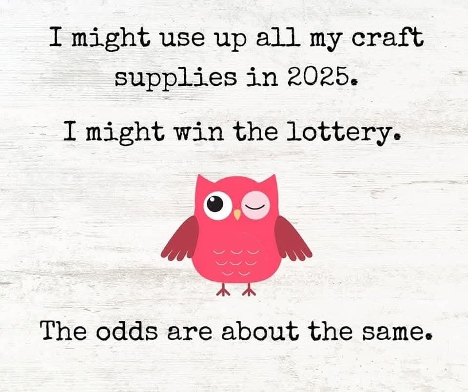 A pink winking cartoon owl (maybe even the mascot for Aldi's Winking Owl wine) on a white distressed background. Text reads "I might use up all my craft supplies in 2025. I might win the lottery. The odds are about the same."