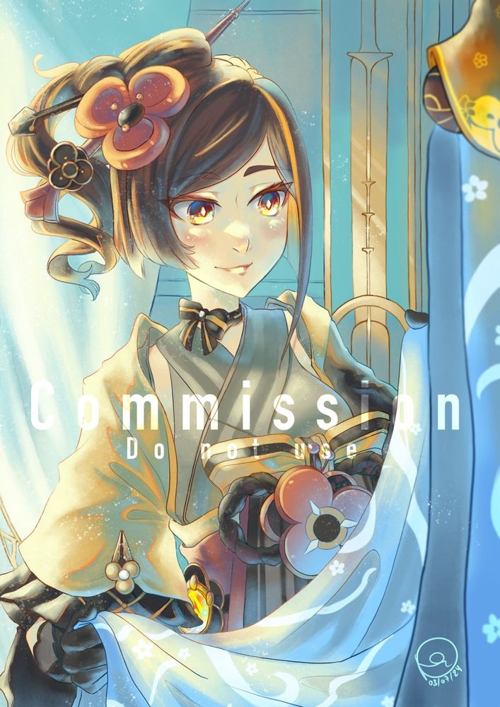 A waist-up portrait of Chiori, a character from the game Genshin Impact. We see her at a slight 3/4 angle, studying a large sheet of fabric with a satisfied smile. The illustration is painted in a soft light. The words "Commission" and "do not use" are superimposed over the illustration.