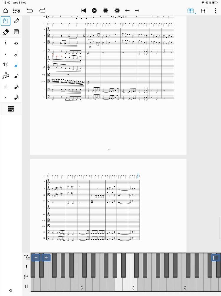 A screenshot of the notation software Notion. It depicts the final 13 bars of an arrangement of Genshin Impact's "Requiem Resonantia" for 10 cellos. 5 parts remain to be filled in.