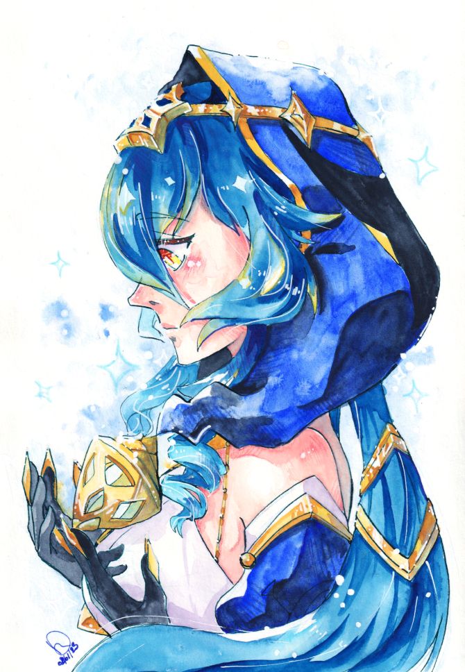 A bust-up profile of Layla from Genshin Impact. She is looking down, cradling the lantern-like attachment of her hood in her hands.