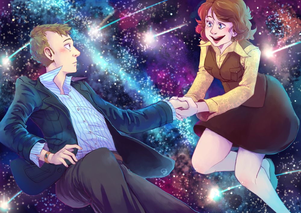 An illustration of the characters Sam Tyler and Annie Cartwright from the UK TV-Show "Life on Mars". Sam is to the left and Annie to the right, and they are both floating in space. Annie has just grabbed hold of Sam's left hand and she is smiling at him, while he looks over at her with an expression that is a mix of surprise and wonder. The background shows a galaxy and shooting starts.
This painting is based on the song "Ferris Wheels" by I Am Kloot, inspired by the following lyrics: "I don't know who I am / I don't know who you are / but when I touch your hands / I see shooting stars"