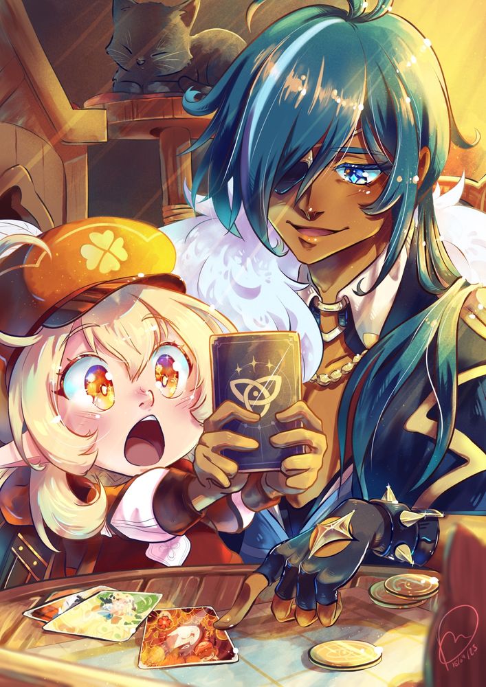 A digital illustration of Kaeya and Klee from the game Genshin Impact. They're sitting around a round table at the Cat's Tail Cafe, and Kaeya is explaining to Klee how the Genius Invocation TCG works. Klee is holding up a car and staring at it with maximum awe and excitement. Kaeya is smiling fondly. The scene is lit by sunlight streaming in through a window. In the background, we see a black cat loafing on top of a cat tree.