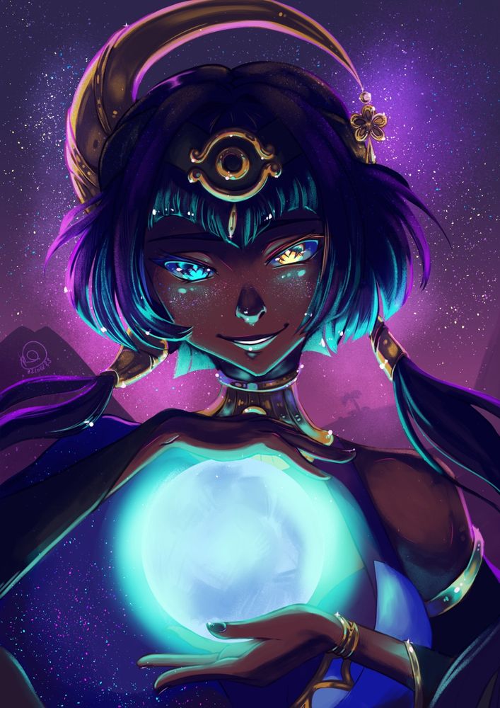 A bust-up painting of Candance from Genshin Impact. She is looking at the viewer with a soft smile on her face, a full moon hovering between her hands. She is backlit by the desert night sky, her face highlighted by star-like freckles. She looks very mysterious, almost ethereal.