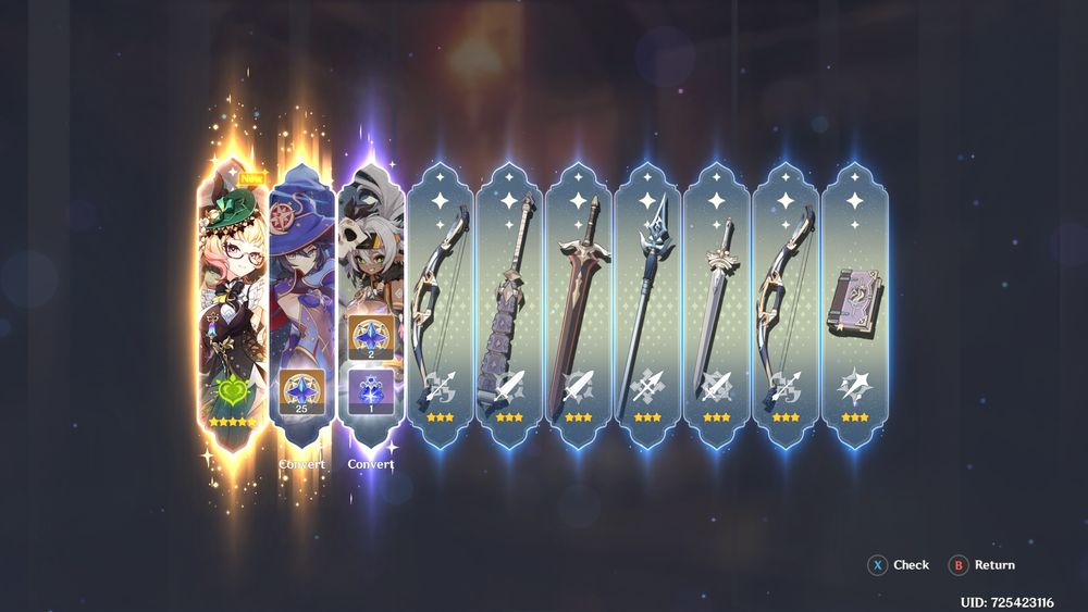 A screenshot of a ten-pull in Genshin Impact. From left to right, I got Emilie, Mona, Iansan, and the rest are 3-star weapons.