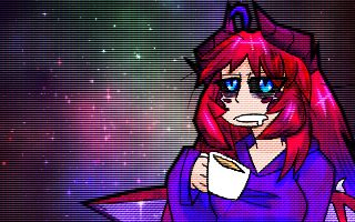 Coffee. A 2D illustration of a dragon girl with a tired expression holding a mug of coffee on a galaxy background.