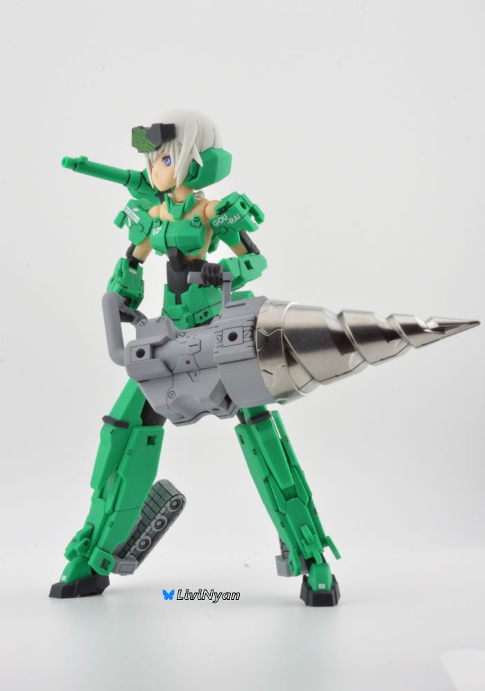 A side picture of a built Kotobukiya Frame Arms Girl Gourai Craftsmanship Form Model Kit, panel lined and mat top coated with a SMS Hyperchrome drill
