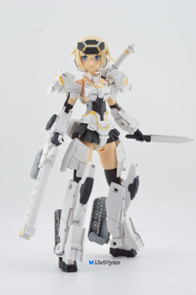 a Front on pic of an assembled Gourai kai white  ver2 panel lined, decaled and top coated in flat