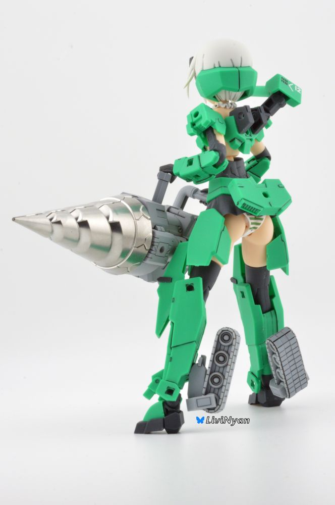 A rear picture of a built Kotobukiya Frame Arms Girl Gourai Craftsmanship Form Model Kit, panel lined and mat top coated with a SMS Hyperchrome drill
