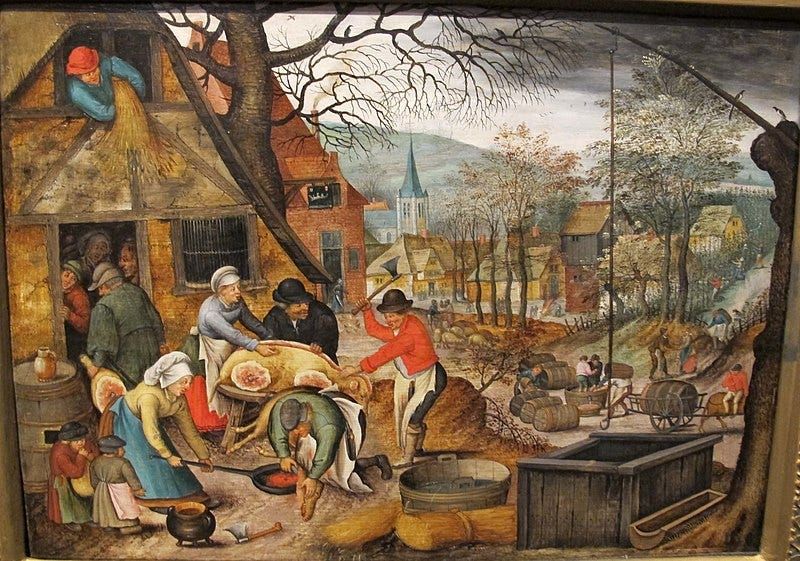 🎨 Pieter Brueghel the Younger: Autumn (Slaughter and Pressing the Grapes), 1624.
