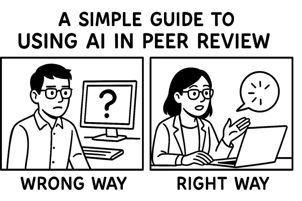 A web-comic that says "A Simple Guide to Using AI in Peer Review" with one panel that says "Wrong Way" and the next panel says "Right Way."