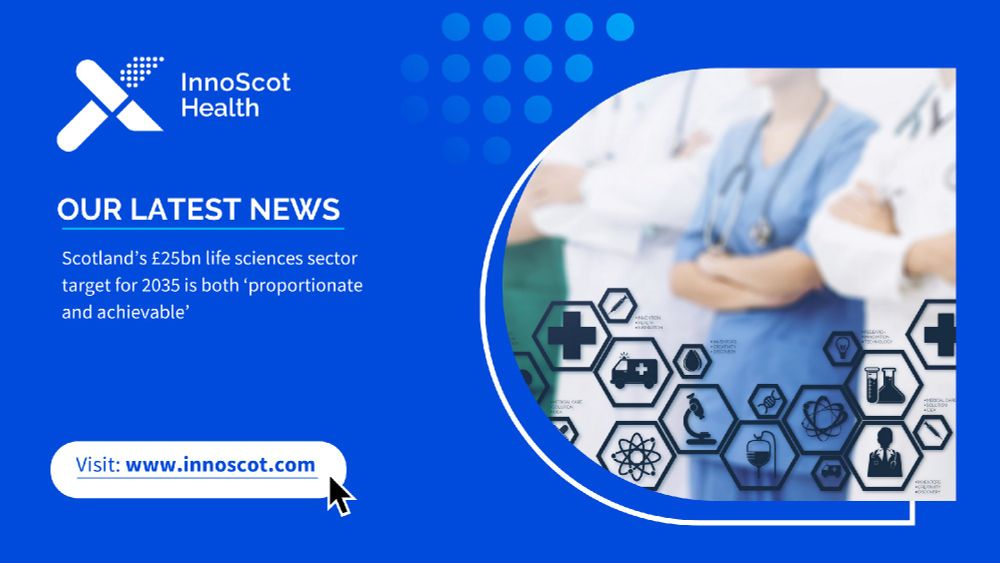 Promotional banner from InnoScot Health featuring a healthcare professional and a floating graphic of medical icons. Text highlights Scotland's life sciences sector target for 2035 and includes a link to the InnoScot website, www.innoscot.com.