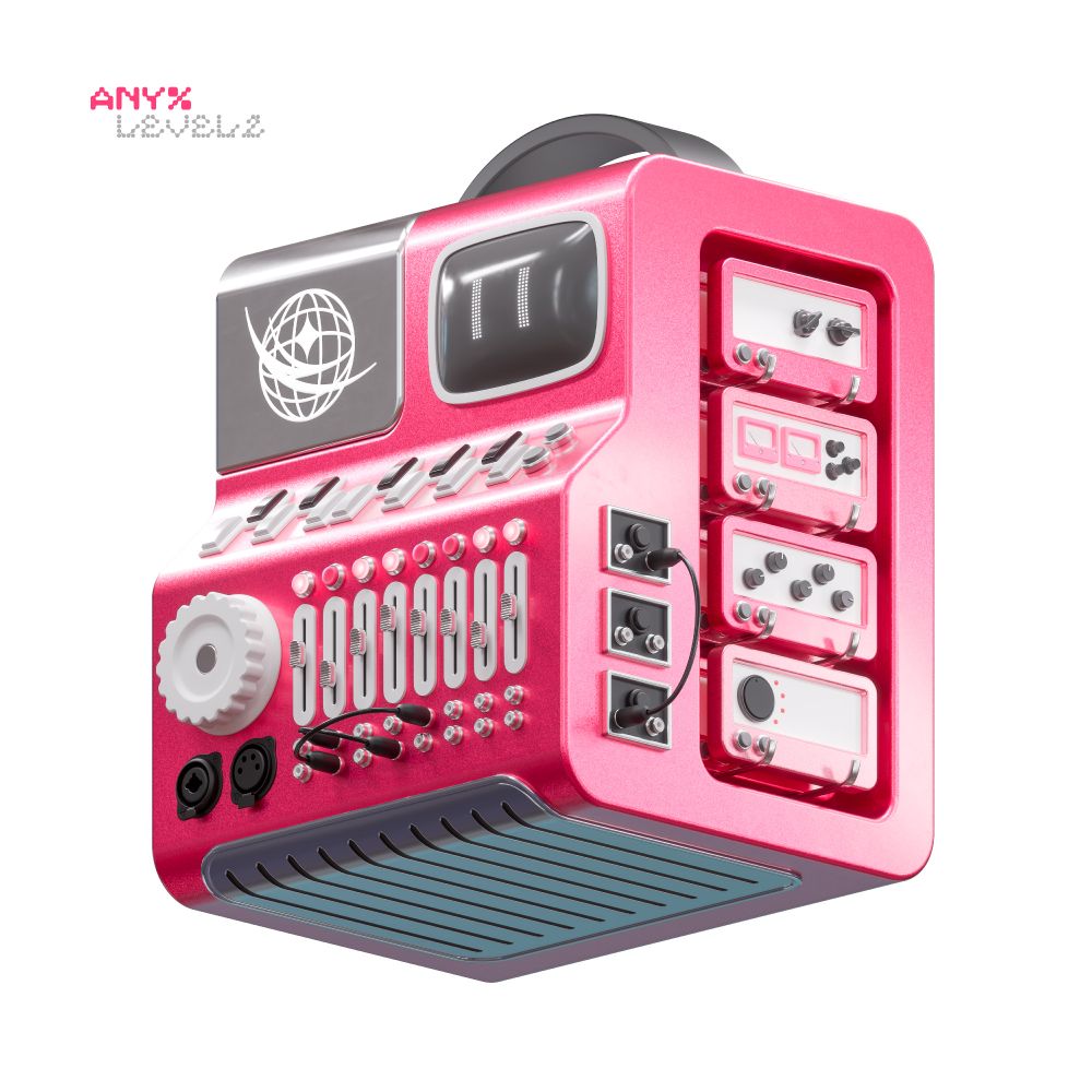 The official artwork for any%: Level 2, a pink machine over a white background with various knobs and buttons, rendered in 3D.