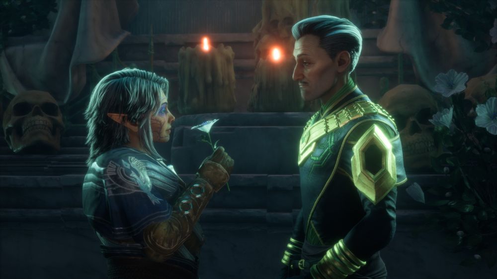 A romantic moment where Emmrich gave my Rook a flower on a date. Dragon's Age: The Veilguard.