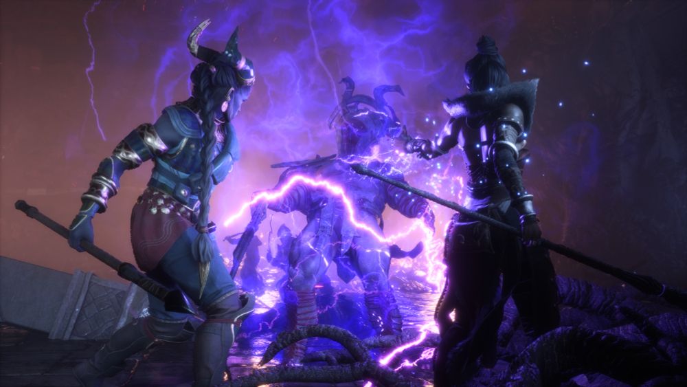 Taash and Morrigan fighting in a final battle in Dragon's Age: The Veilguard.