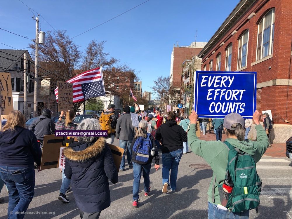 image of marchers from the back as they go down a street with flags and signs. The most visible sign says Every Effort Counts in white letters on a bright blue background.