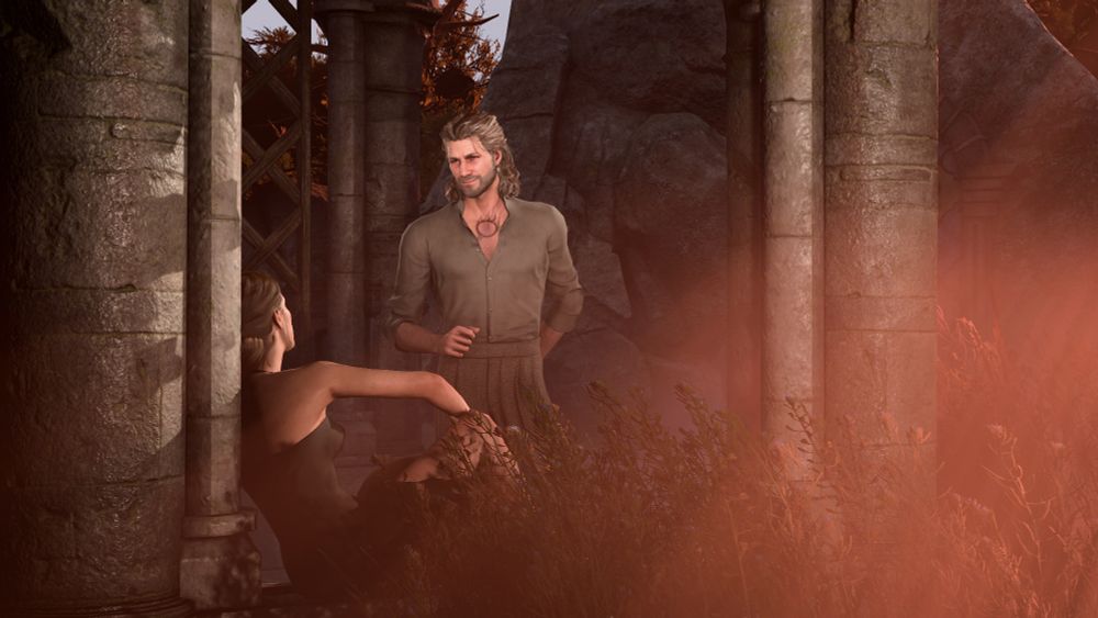 A virtual photograph taken in Baldur's Gate 3, featuring Gale Dekarios and a female Tav. They are in a sunset-lit garden, underneath a pergola.