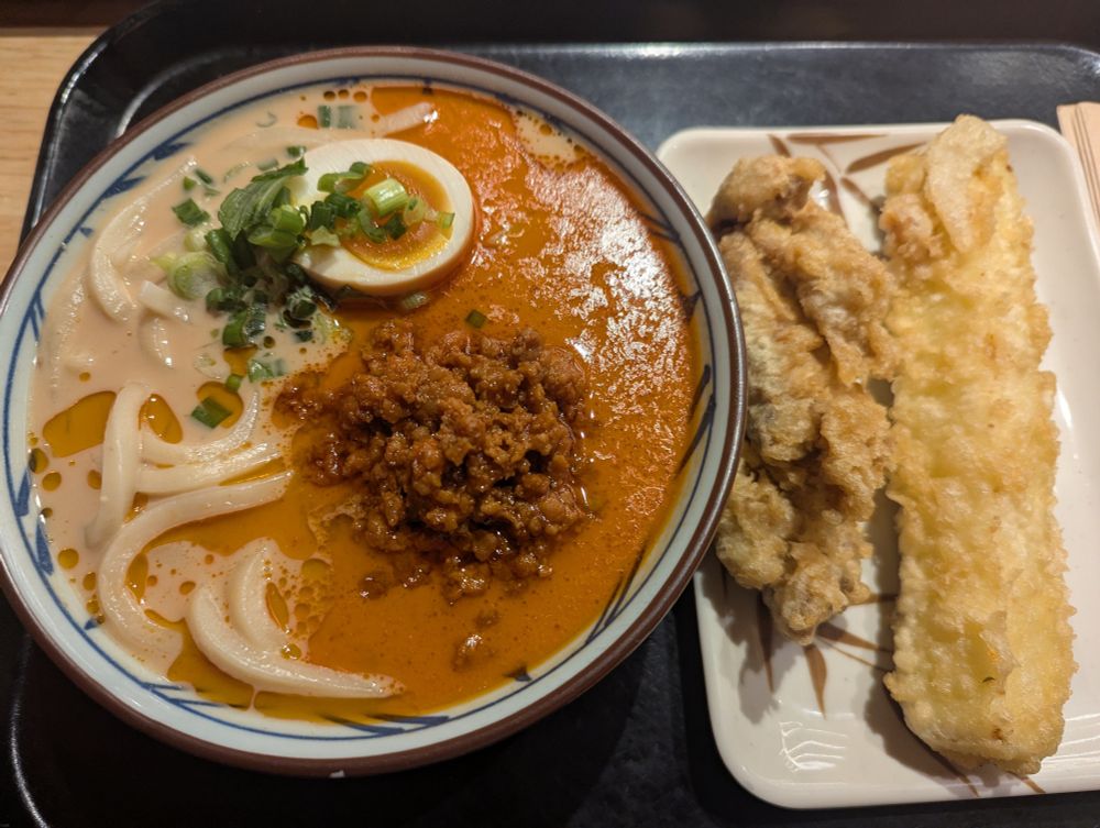 Tan Tan Noodles and tempura from Marugame Udon in Vancouver.