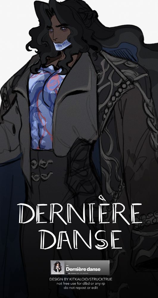 Design based on the song Dernière Danse by Indila. It shows a dark, looming presence of a man with billowing hair and see-through body pars which display a tangle of veins in certain areas. He's ghostly with a sorrowful expression.