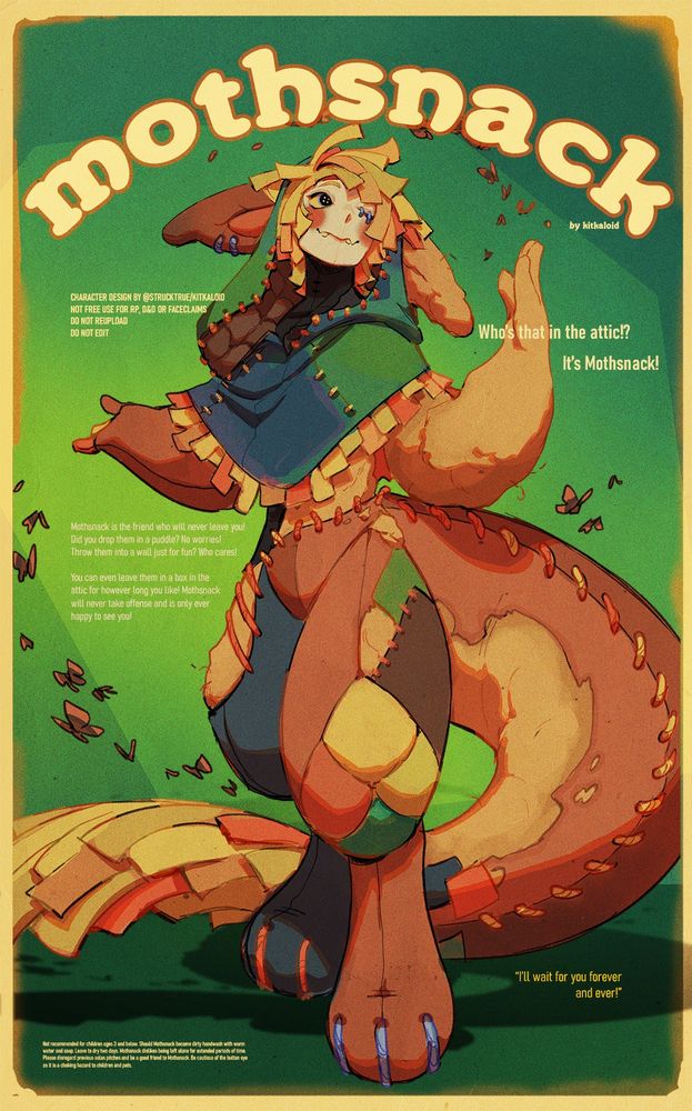 A character design based on a moth-eaten ragdoll. Their lower half is reminiscent of a kangaroo, complete with the tail. Their whole body is made out of different patchworked fabric, with the moth-eaten parts showing stuffing that is spilling out. The character is smiling and wears an oversized hood. One pupil is made of a button while the other eye is sewn shut.