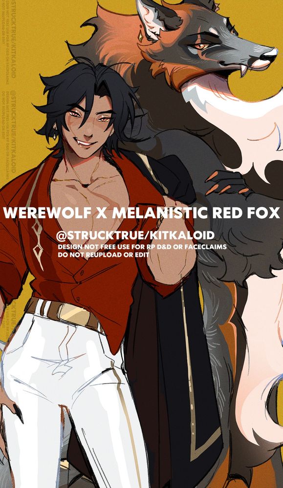 A close-up of one of the werehybrids. He's a mix of werewolf and a melanistic red fox. He's male, young adult. His button-up shirt sits incredibly loose, exposing most of his chest. His dark hair is disheveled. He's smirking and his eyes are hooded, giving the impression of someone sly, and his hip is popped with confidence. Behind him is his were-form. It's more slender than your usual werewolf, with piebald patches of melanistic fox coloration. His snout is longer and more fox-like.