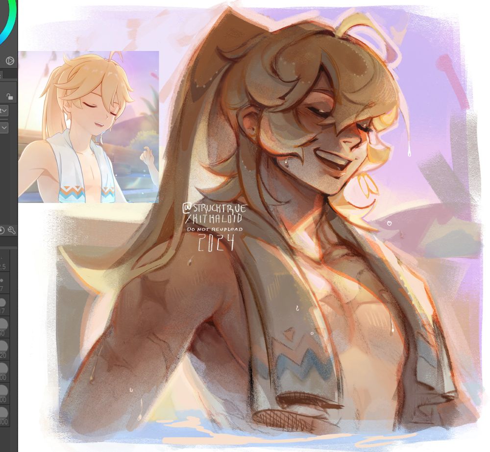 The artwork depicts a redraw of a screenshot of Aether from genshin impact. The screenshot is cellshaded and has less features, in an anime style. The redraw is semi-realistic and with a warmer tone overlaid. Aether is sitting in a hot spring, eyes closed and relaxed. A towel hangs around his neck and his hair is in a high ponytail as opposed to the usual braid.