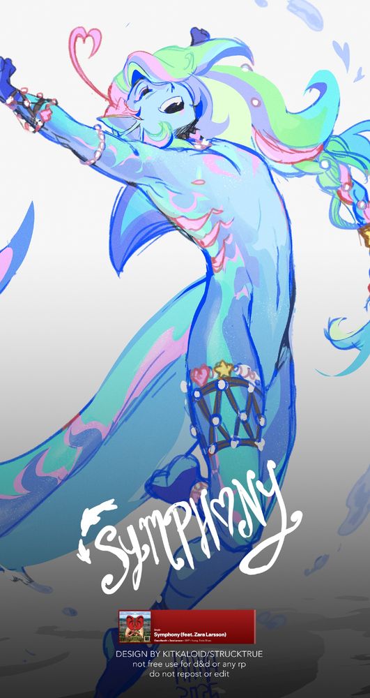 Design based on the song Symphony by Clean Bandit ft. Zara Larsson. A multicolored, Lisa Frank-esque young man jumps happily into the air. He has a dolphin fin and tail, and wears chunky, beaded jewelry.