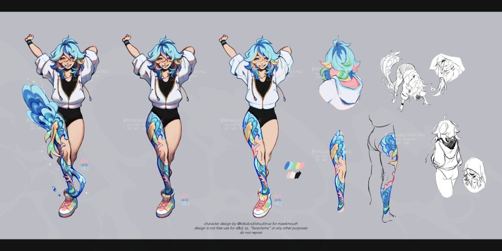 A reference sheet of a curvy character standing and stretching their arms above their head. Their hair is windswept, and she is wearing a swimsuit underneath a loose white crop hoodie. There is an aquatic tattoo wrapping around her right leg. The tattoo is magical, and one image shows the fish and water leaping off her skin.
