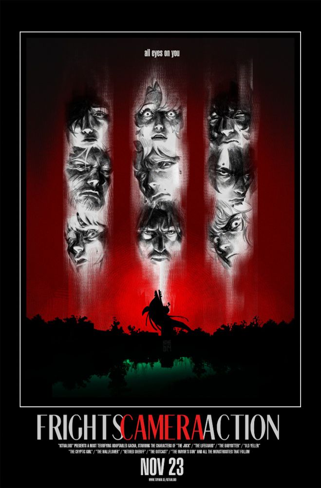 A mock 80's movie poster featuring three vertical lineups of nine faces, all showing expressions of discontent or fear. The title is "Frights, Camera, Action."
