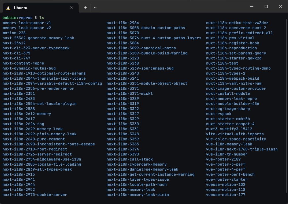 A screenshot showing the output of a list command in a folder containing issue reproductions (105 entries)