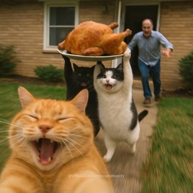 3 Cats steal a Turkey to a man Who runs behind /*AIgen