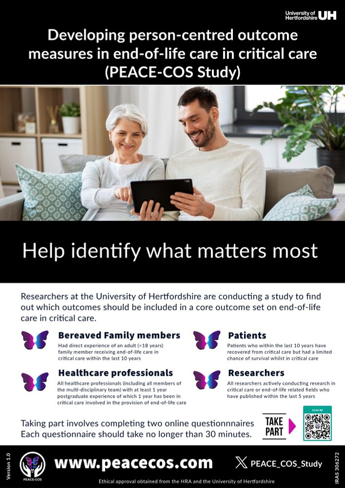 Researchers are the University of Hertfordshire are looking for bereaved family members, healthcare professionals, researchers and patients who have recovered from critical care and were given a limited chance of survival whilst in critical care to take part in a research study to find out which outcomes should be included in a core outcome set on end-of-life care in critical care. Taking part involves completing two online questionnaires. Each questionnaire should take no longer than 30 minutes. More information https://peacecos.com/ or scan the QR code to take part