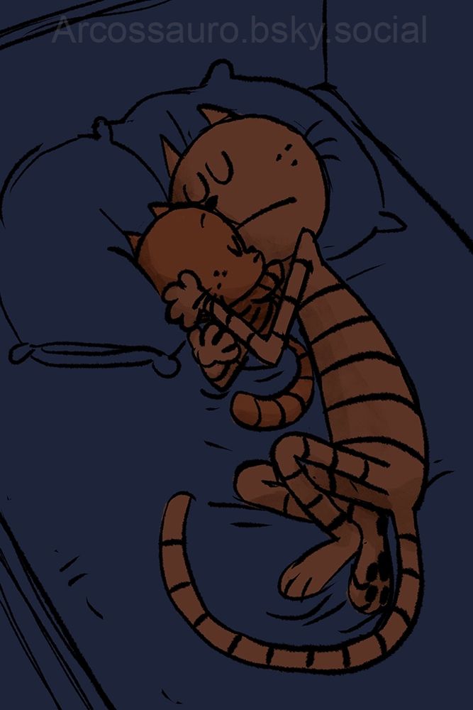 Drawing of Petey the cat and Lil Petey lied down in bed sleeping, Petey embraces his baby close to him, touching their faces together