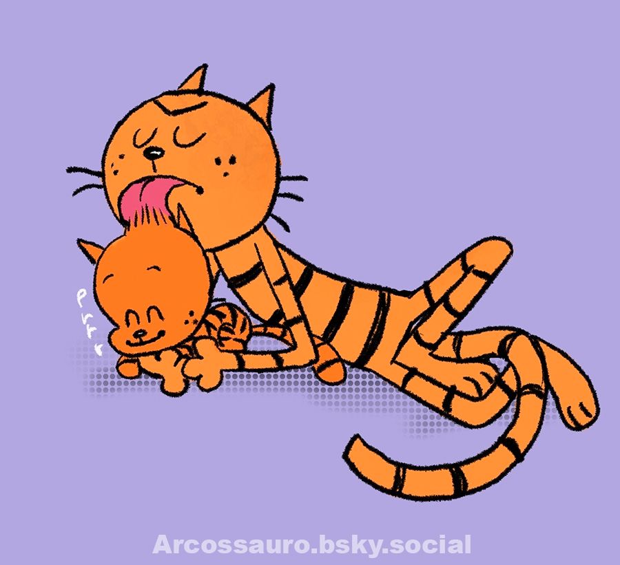 Drawing of Petey the cat lied down on his side holding his baby Lil Petey on his paws and licking his head, Lil Petey is smiling and purring 