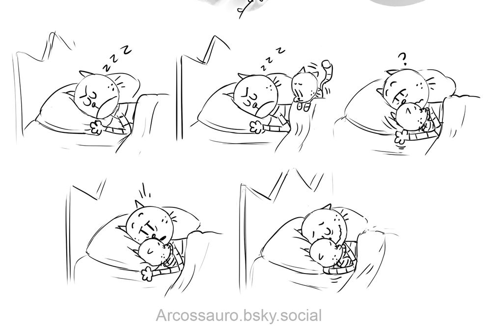 Third page

First panel Petey is sleeping in his bed with an unpleasant expression.

Second panel Lil Petey jumps on his bed.

Third panel Lil Petey tucks himself against his Papa's chest, Petey wakes up.

Forth panel Petey looks surprised to see his baby laid next to him.

Fifth panel Petey hugs his baby and closes his eyes to sleep, smiling.