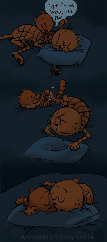 Image with three frames of Petey and Lil Petey in bed. The first shows Petey lied down on his pillow, Lil Petey leans over him saying "Papa I'm not sleepy, let's play". The second shows Petey looking at his baby as he holds, bites and kicks his dad's tail, playing. The third one shows them asleep, faces touching, Petey has his arm around his baby, they lied on a pillow.