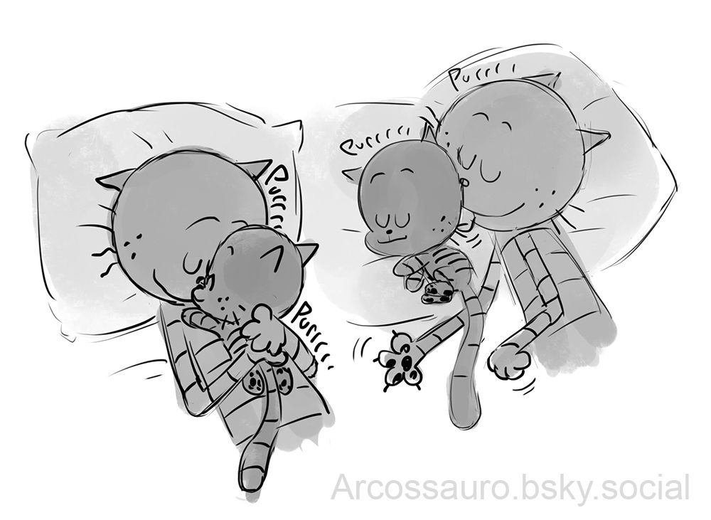 Two sketches of Petey the cat and Lil Petey lied down on the bed. The left one Lil Petey is lying on Petey's chest being embraced, they are touching their faces together and purring. The one on the right Lil Petey is lying on the pillow and Petey is grooming his head while treading the air and they are purring.