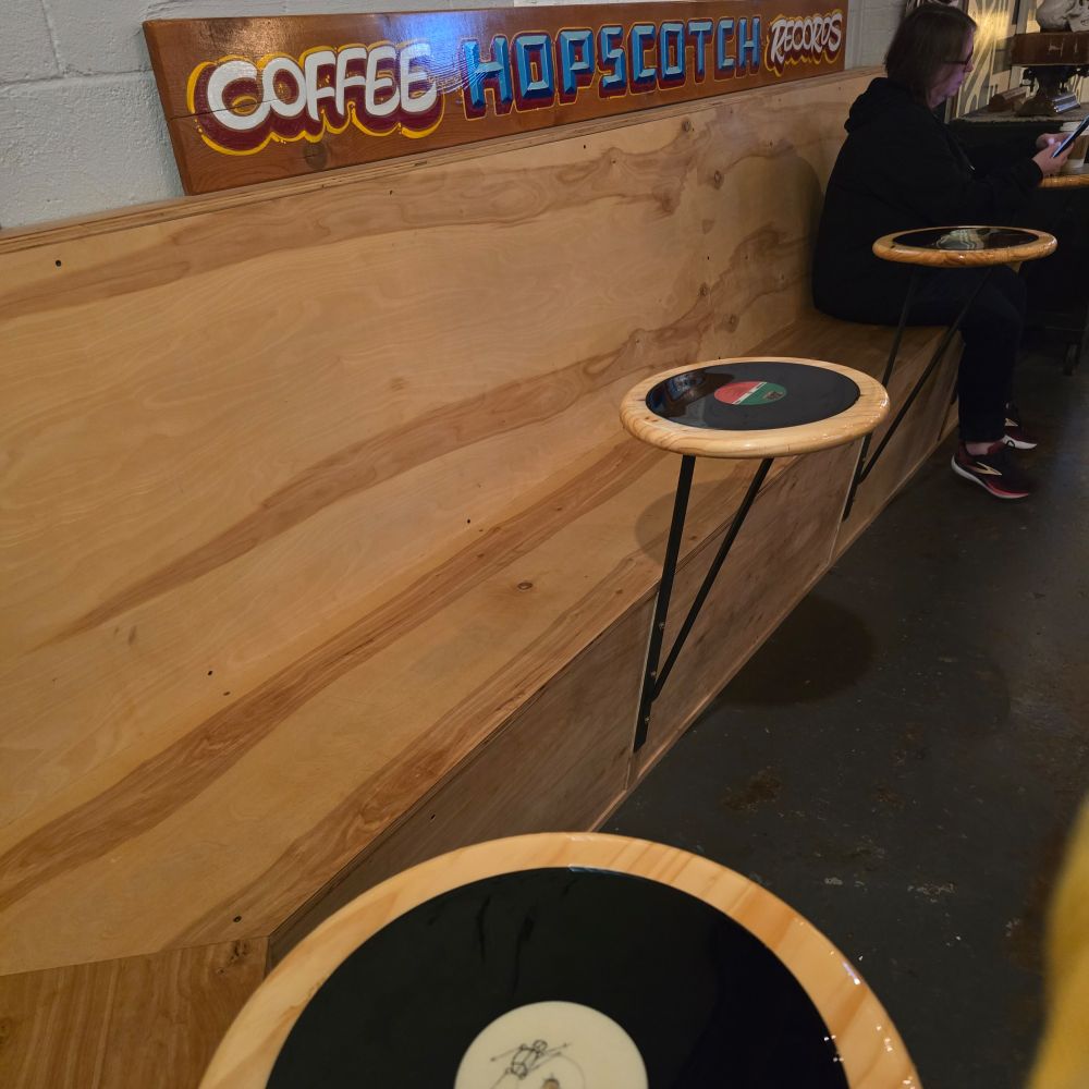 Record tables at Hopscotch Coffee and Records in Winchester, Virginia. Ours was "Sticky Fingers" by the Rolling Stones. 