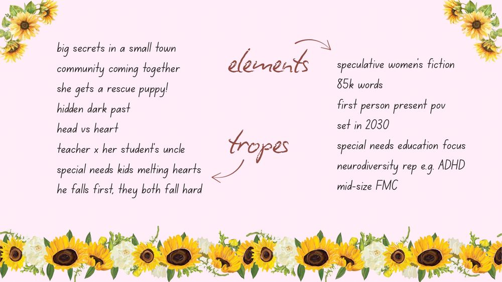 Blocks of text on a pink background with a yellow flower border 