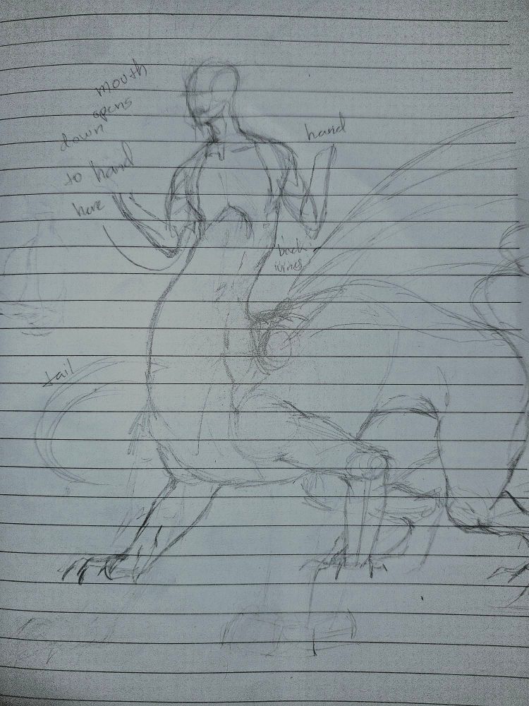 an unfinished sketch of a taur with the body of a western dragon, with notes about the mouth opening down to the lower pecs.